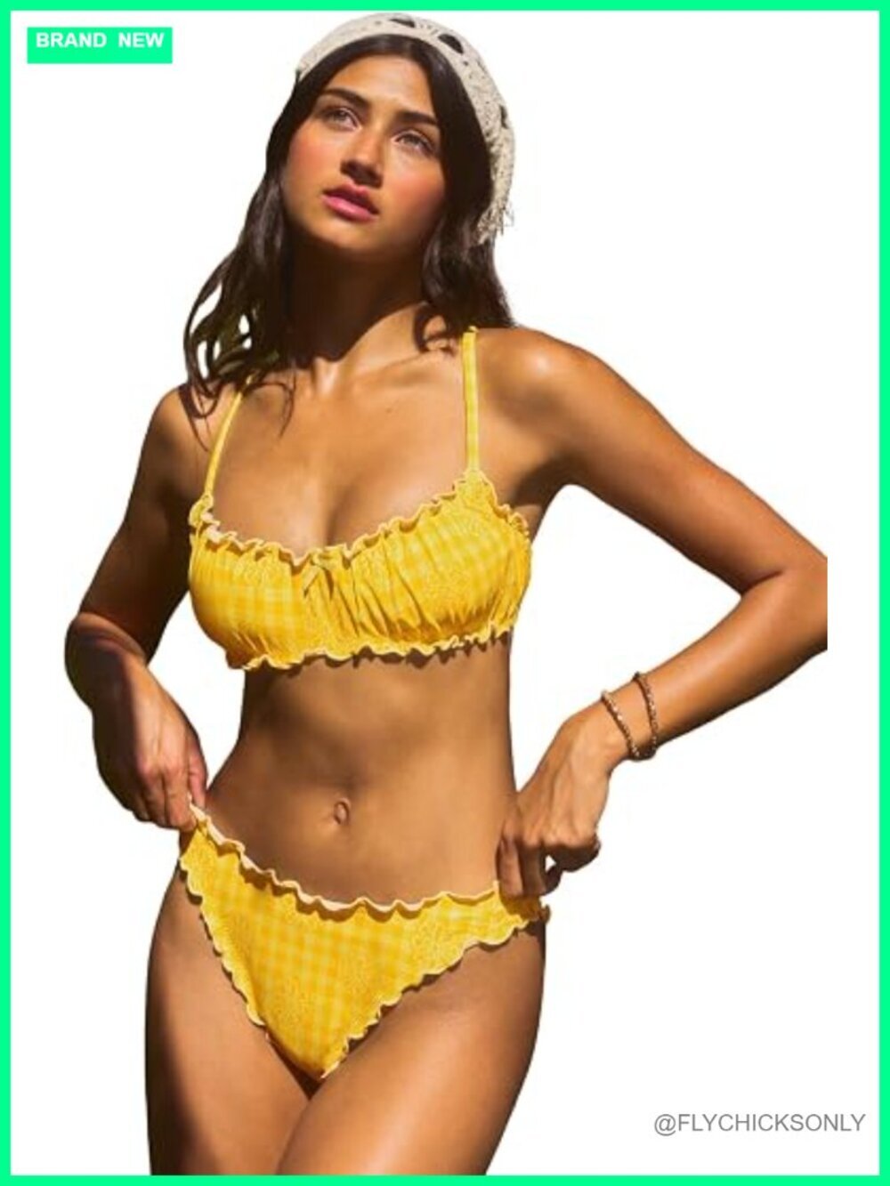 Scoop Neck Ruffle Trim Bikini Two Piece Swimsuit Crisscross Back Self Tie